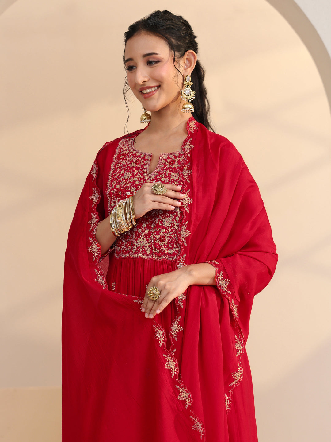  Red Floral Embellished Chanderi Cotton A-Line Suit Set 