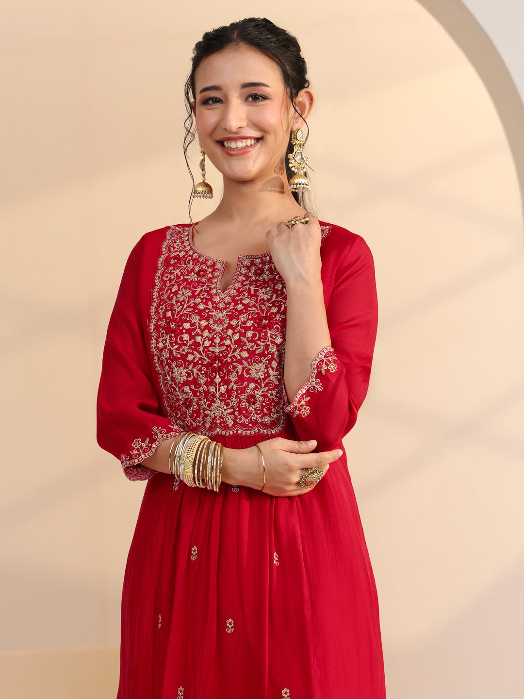  Red Floral Embellished Chanderi Cotton A-Line Suit Set 