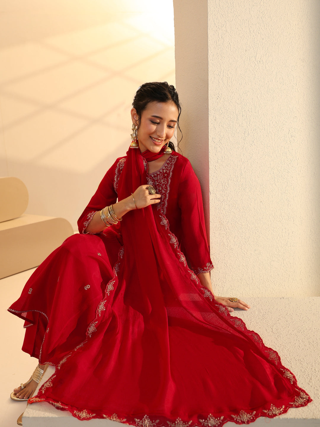  Red Floral Embellished Chanderi Cotton A-Line Suit Set 