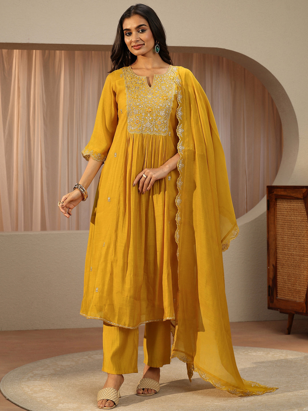  Yellow Embroidered Chanderi Cotton A-Line Suit Set 