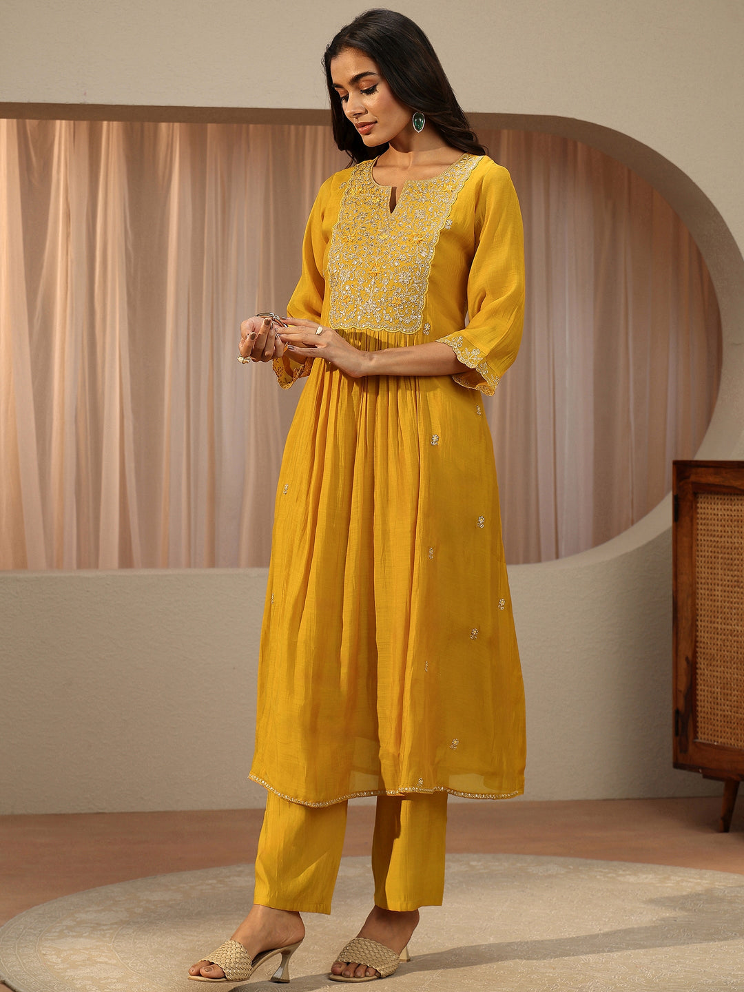  Yellow Embroidered Chanderi Cotton A-Line Suit Set 