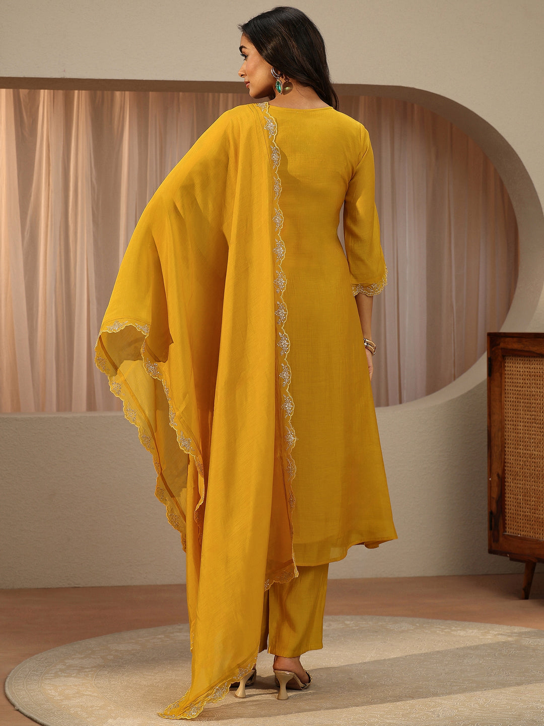  Yellow Embroidered Chanderi Cotton A-Line Suit Set 