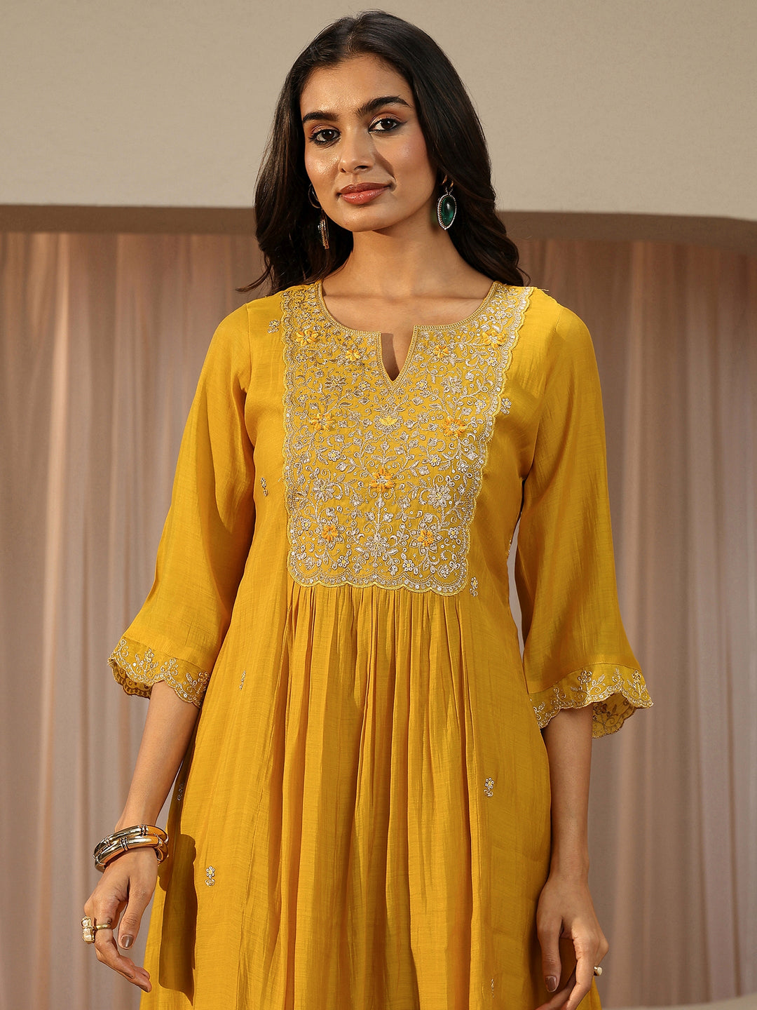  Yellow Embroidered Chanderi Cotton A-Line Suit Set 