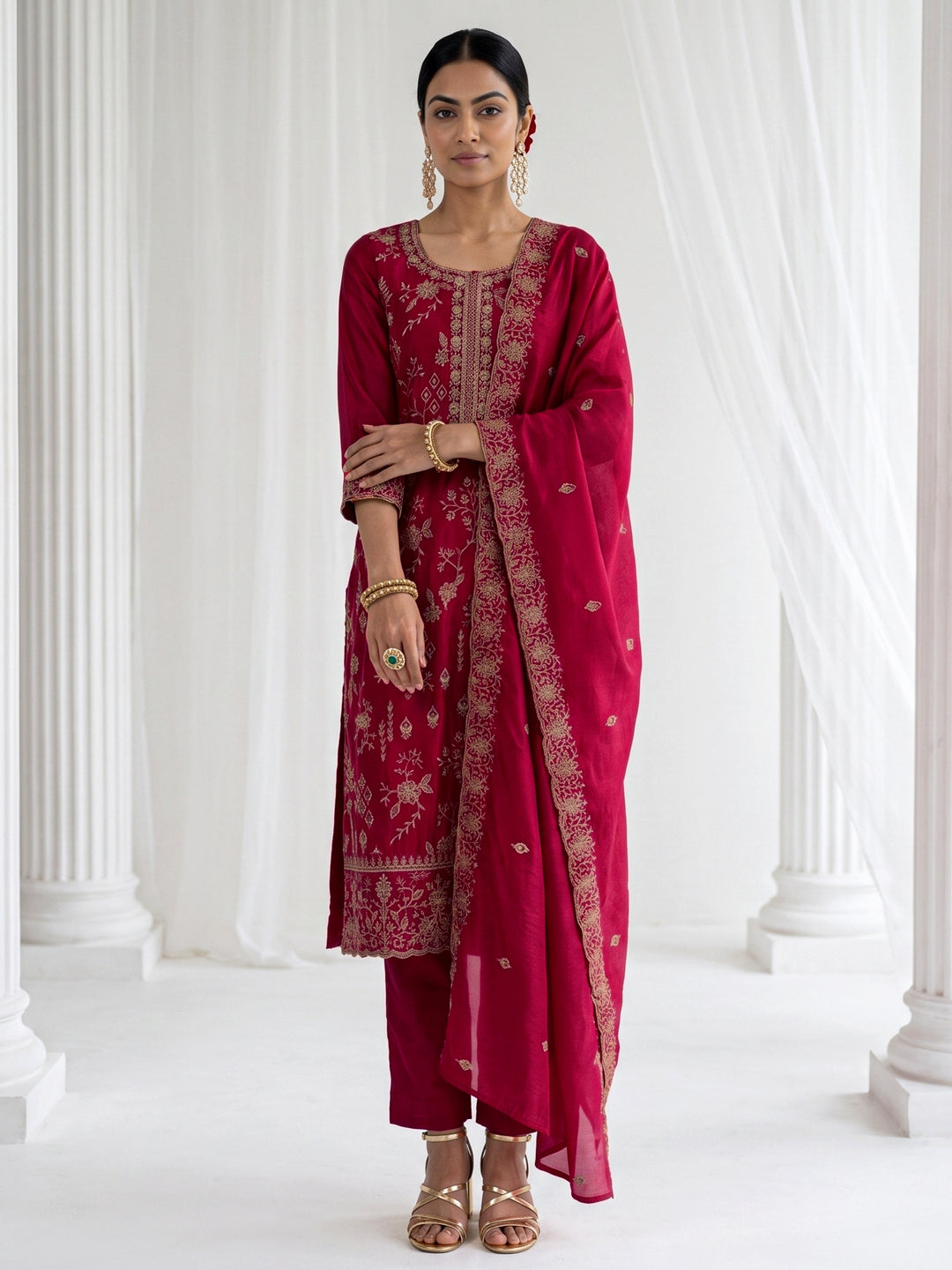  Libas Berry Pink Floral Embroidered Silk Blend Straight Suit Set 