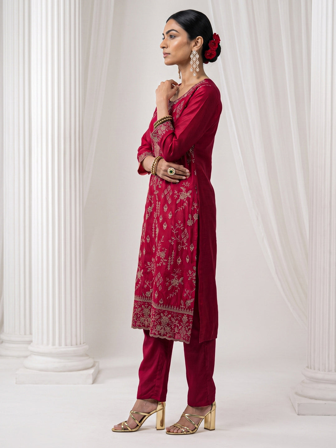  Libas Berry Pink Floral Embroidered Silk Blend Straight Suit Set 