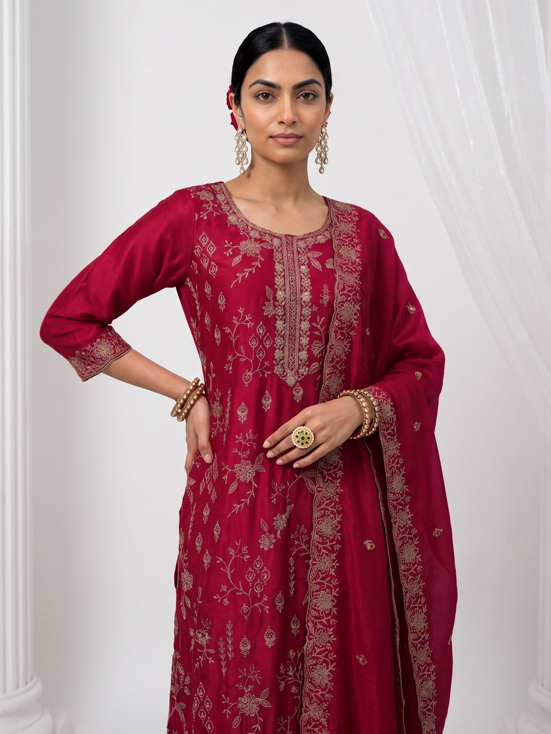  Libas Berry Pink Floral Embroidered Silk Blend Straight Suit Set 