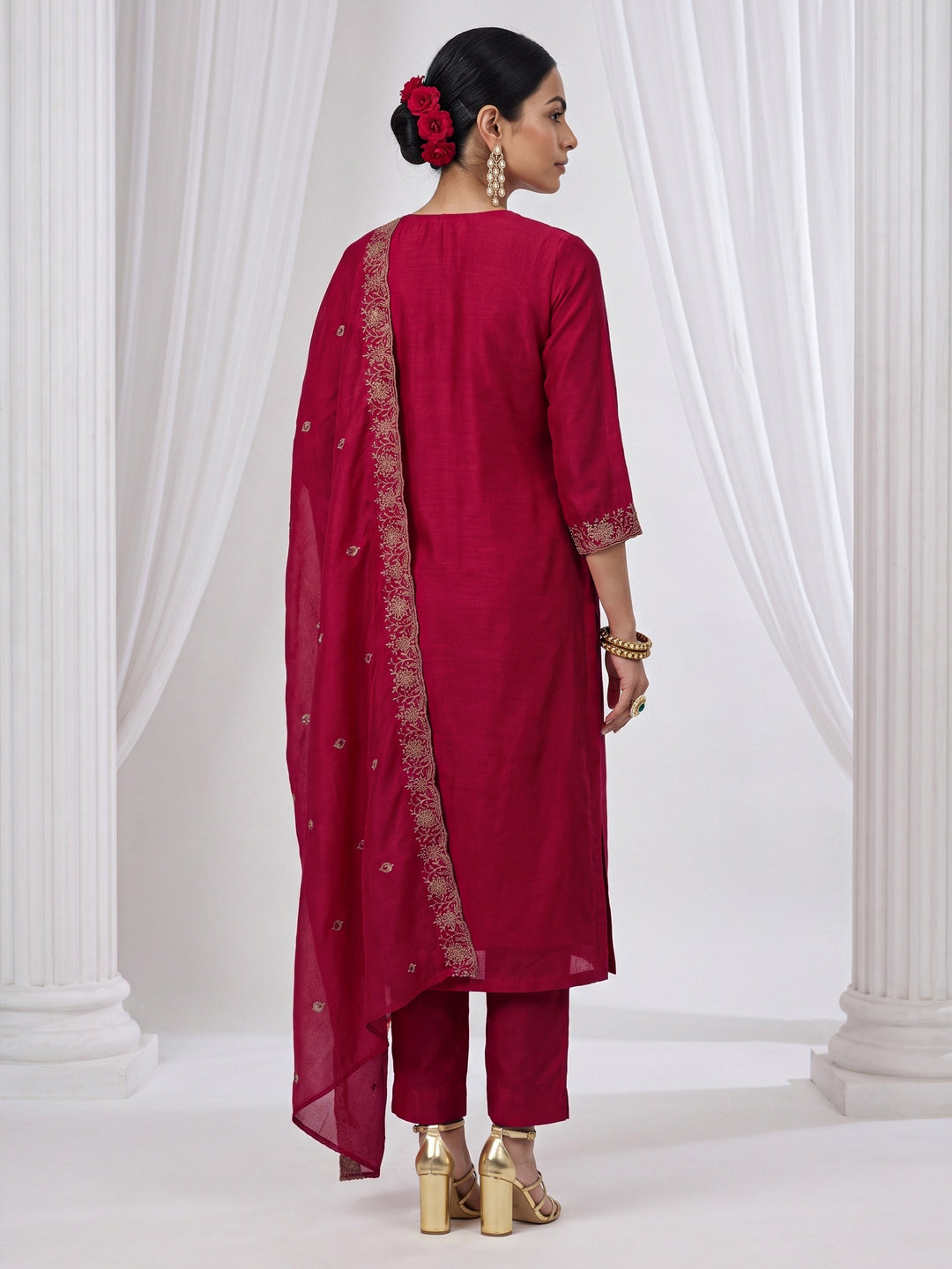  Libas Berry Pink Floral Embroidered Silk Blend Straight Suit Set 