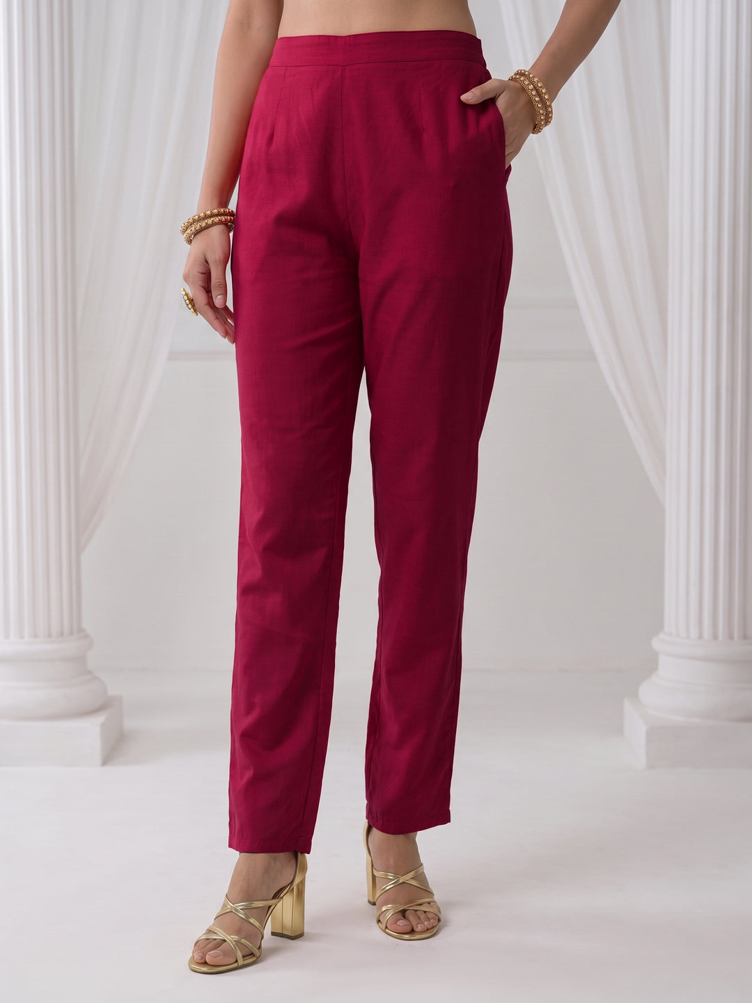  Libas Berry Pink Floral Embroidered Silk Blend Straight Suit Set 