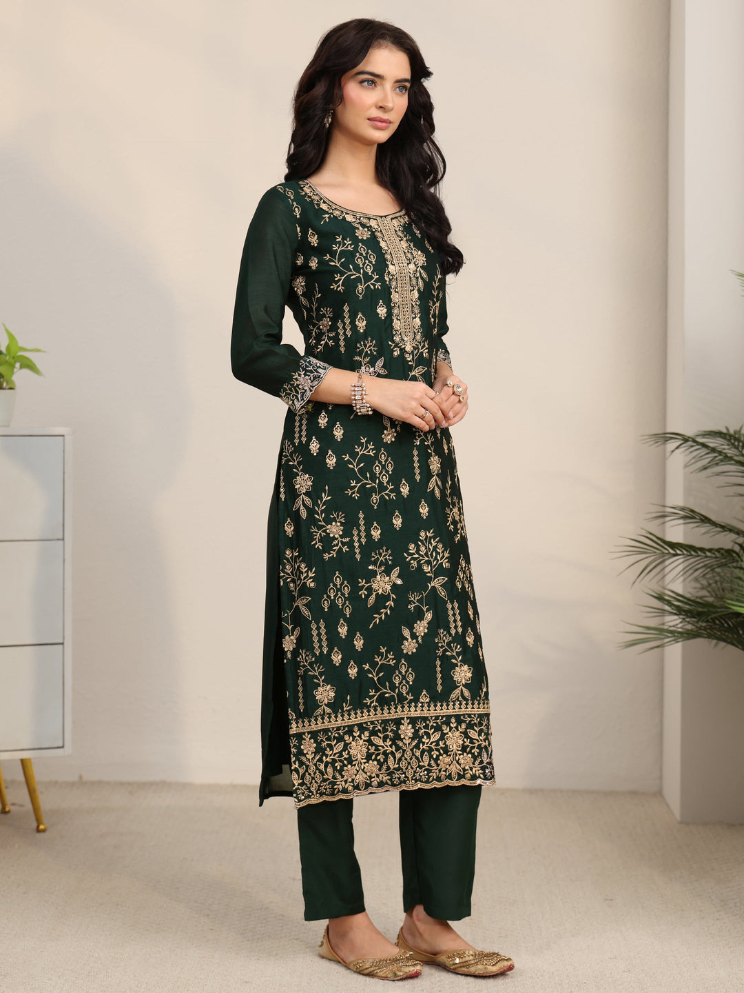  Libas Dark Green Floral Embroidered Silk Blend Straight Suit Set 