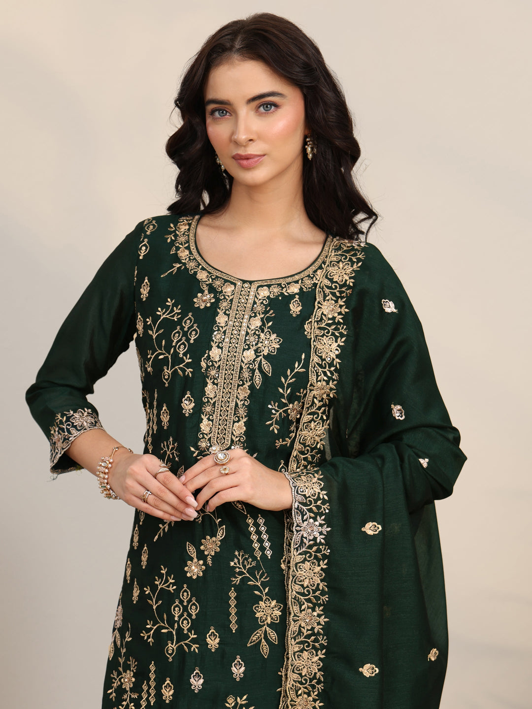  Libas Dark Green Floral Embroidered Silk Blend Straight Suit Set 