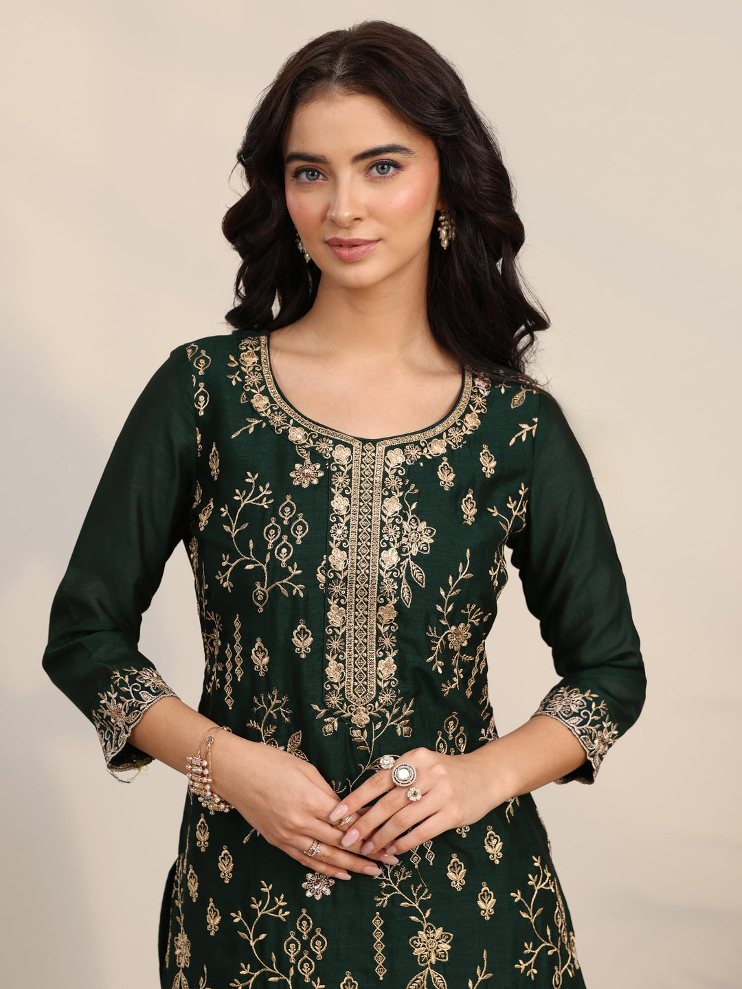  Libas Dark Green Floral Embroidered Silk Blend Straight Suit Set 