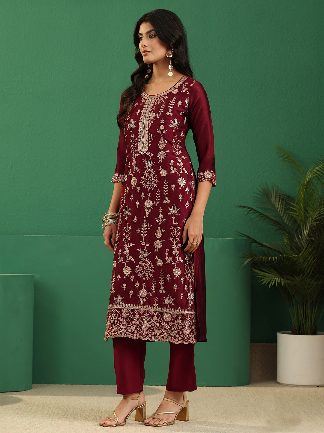  Libas Maroon Red Floral Embellished Silk Blend Straight Suit Set 