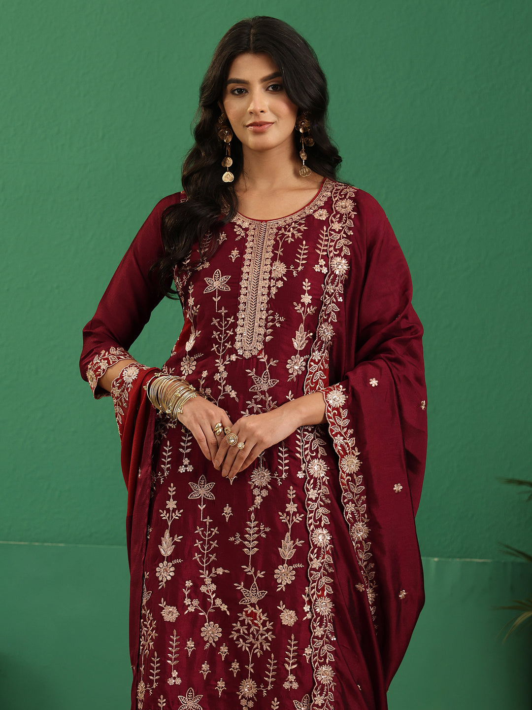  Libas Maroon Red Floral Embellished Silk Blend Straight Suit Set 