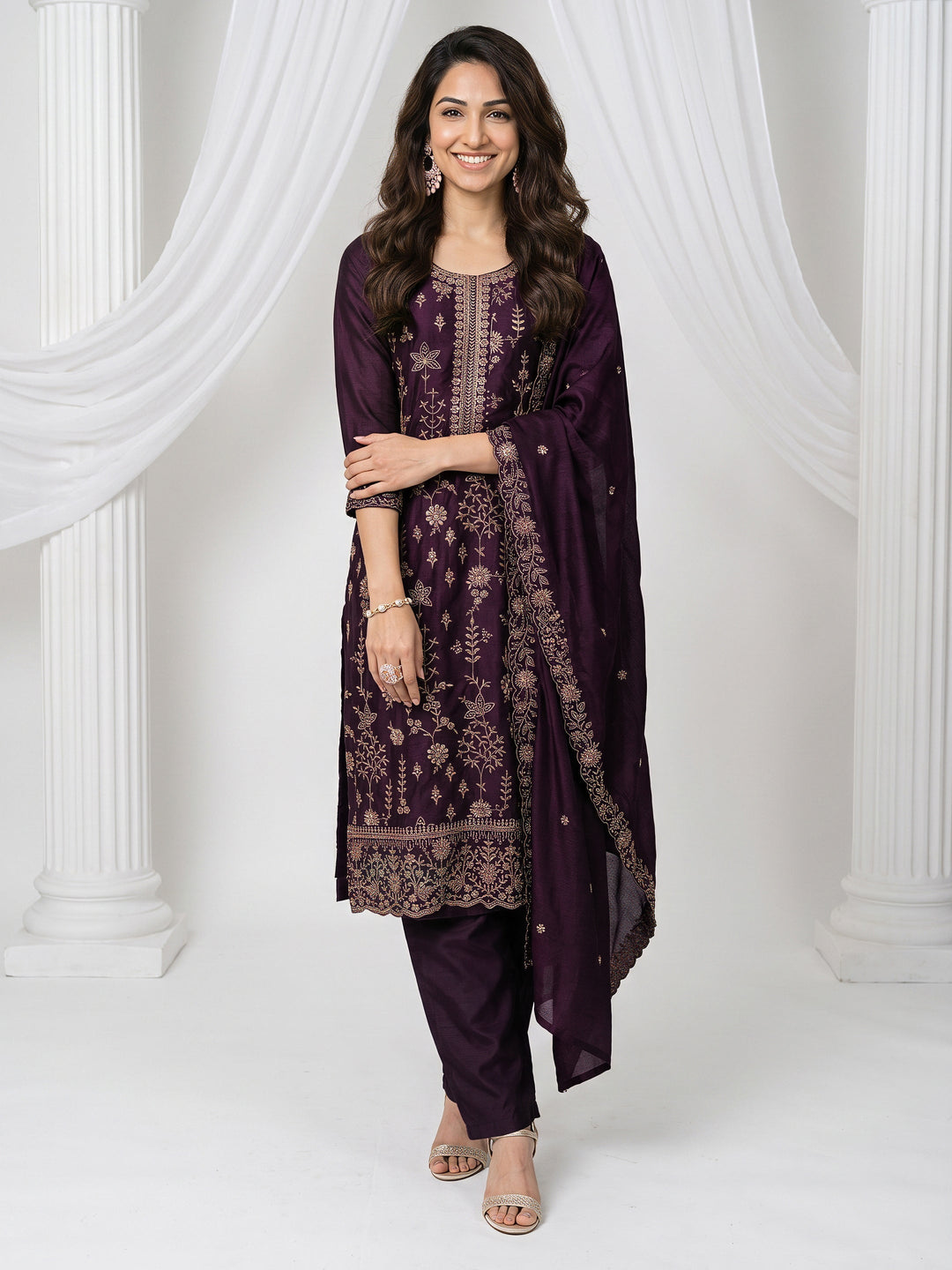 Libas Burgundy Floral Embroidered Silk Blend Straight Suit Set 