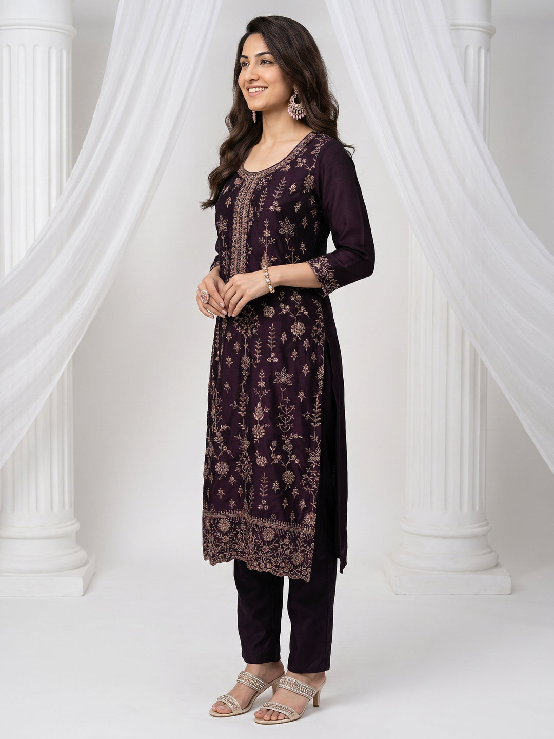 Libas Burgundy Floral Embroidered Silk Blend Straight Suit Set 