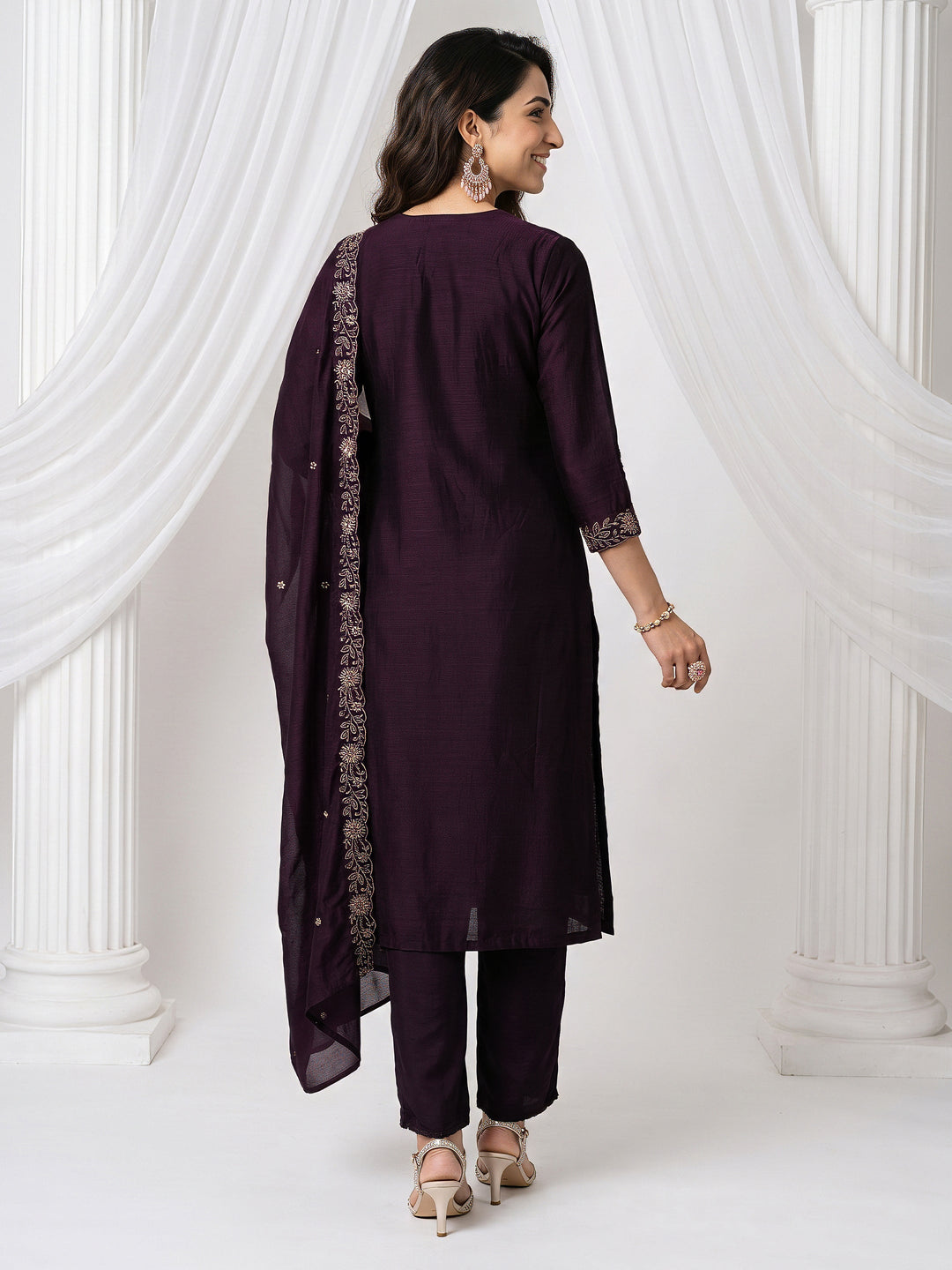  Libas Burgundy Floral Embroidered Silk Blend Straight Suit Set 