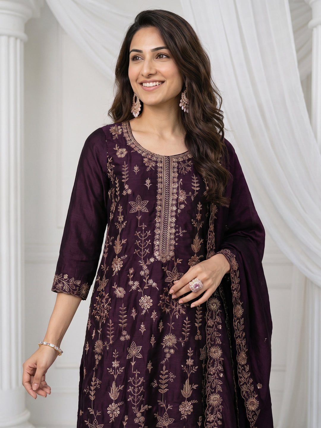  Libas Burgundy Floral Embroidered Silk Blend Straight Suit Set 
