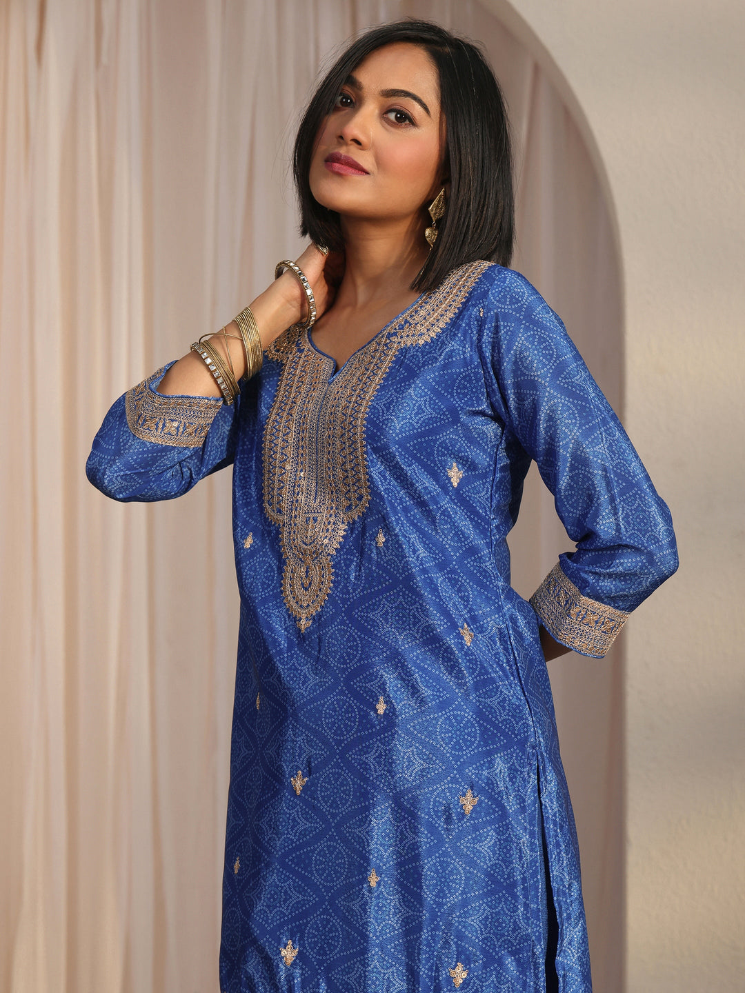  Libas Royal Blue Bandhani Printed Silk Blend Palazzo Suit Set 