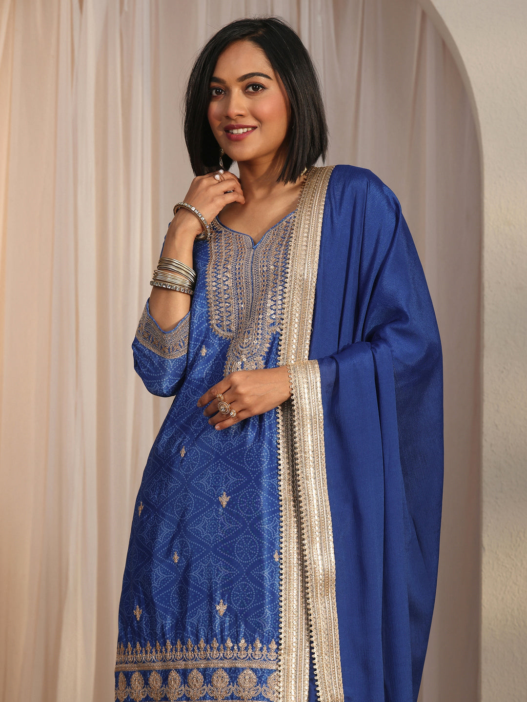  Libas Royal Blue Bandhani Printed Silk Blend Palazzo Suit Set 