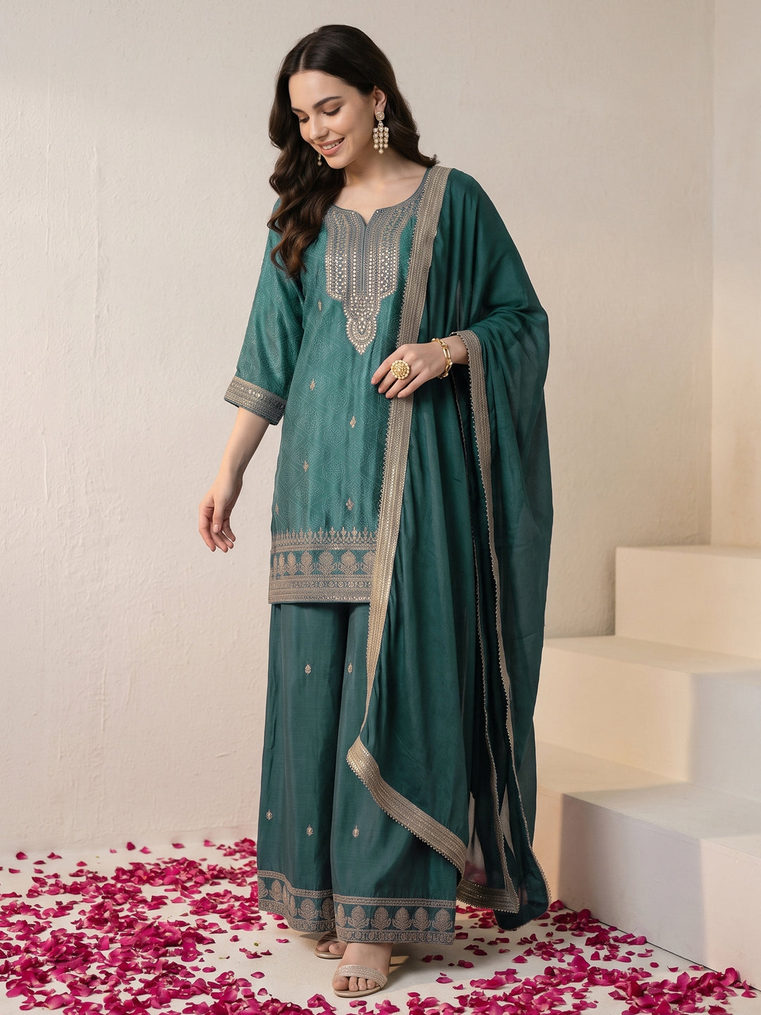  Libas Green Bandhani Printed Silk Blend Palazzo Suit Set 