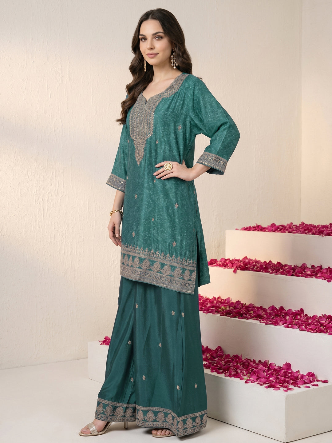  Libas Green Bandhani Printed Silk Blend Palazzo Suit Set 