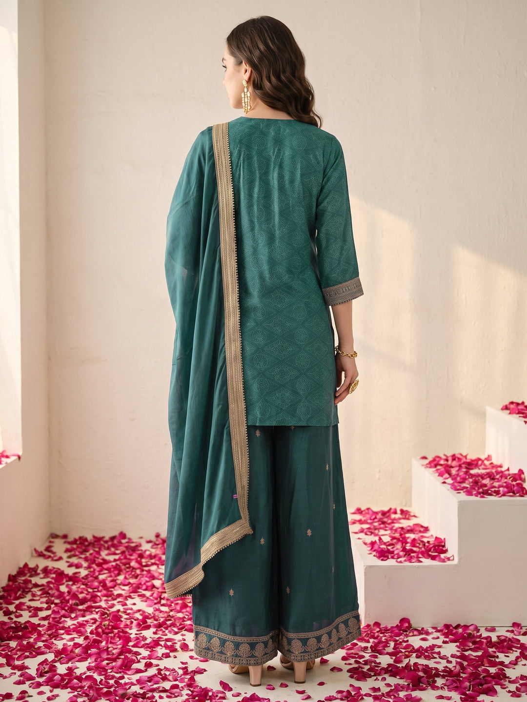  Libas Green Bandhani Printed Silk Blend Palazzo Suit Set 
