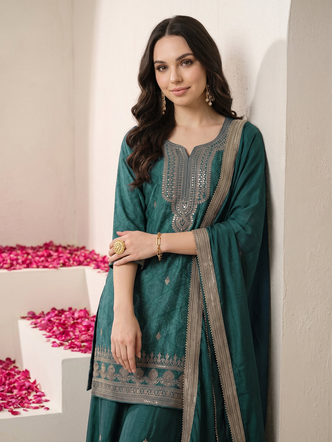  Libas Green Bandhani Printed Silk Blend Palazzo Suit Set 