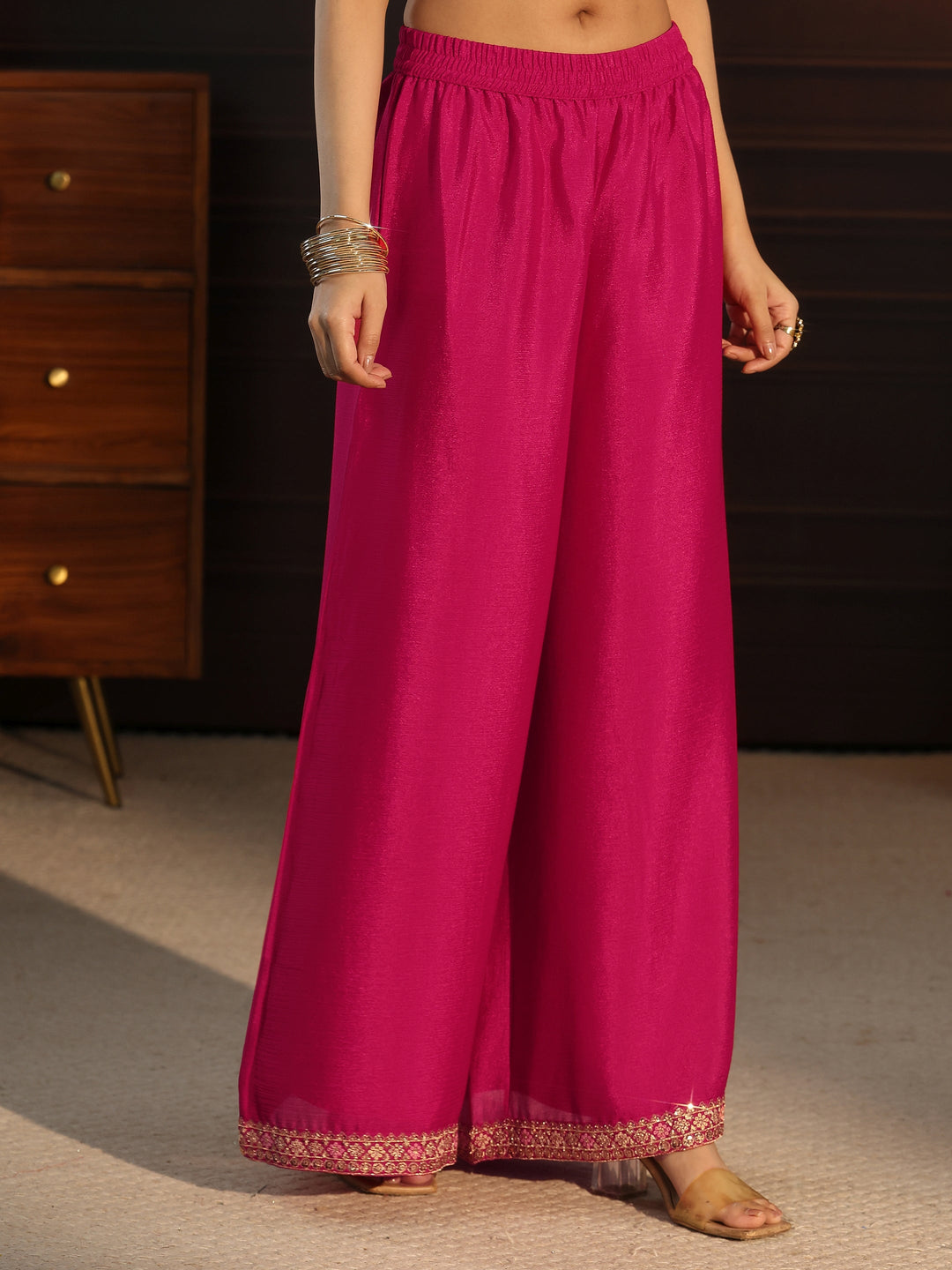  Libas Rani Pink Floral Embroidered Chinon Palazzo Suit Set 