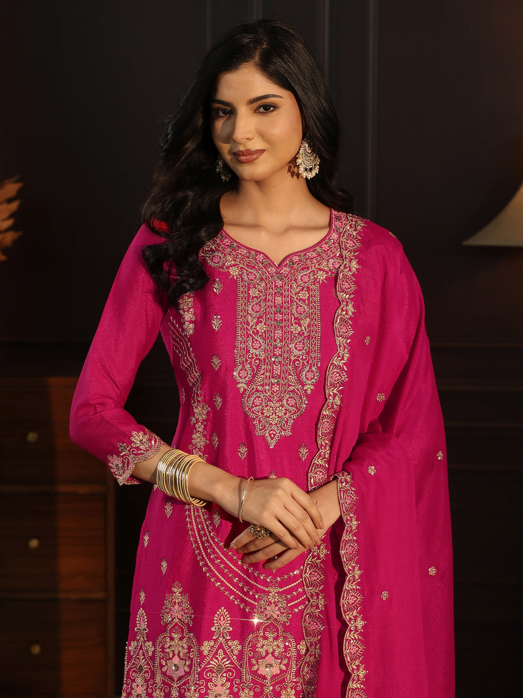  Libas Rani Pink Floral Embroidered Chinon Palazzo Suit Set 