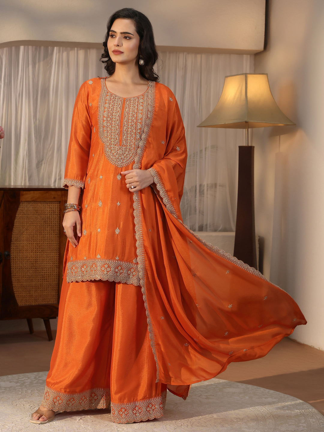  Libas Orange Yoke Design Embroidered Chinon Palazzo Suit Set 