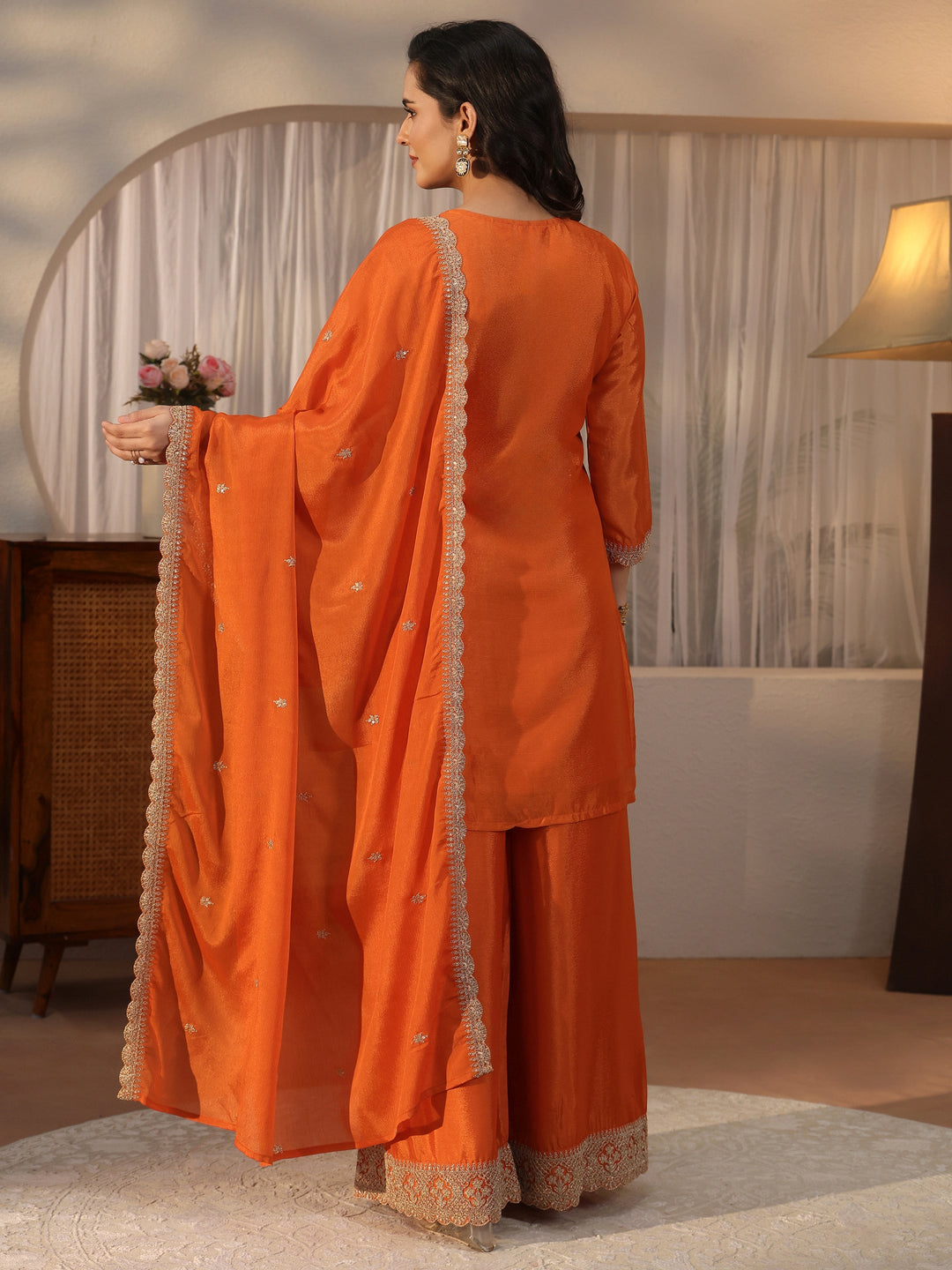  Libas Orange Yoke Design Embroidered Chinon Palazzo Suit Set 