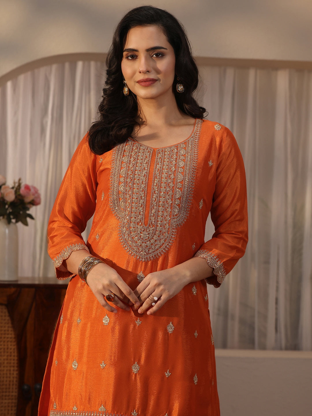  Libas Orange Yoke Design Embroidered Chinon Palazzo Suit Set 
