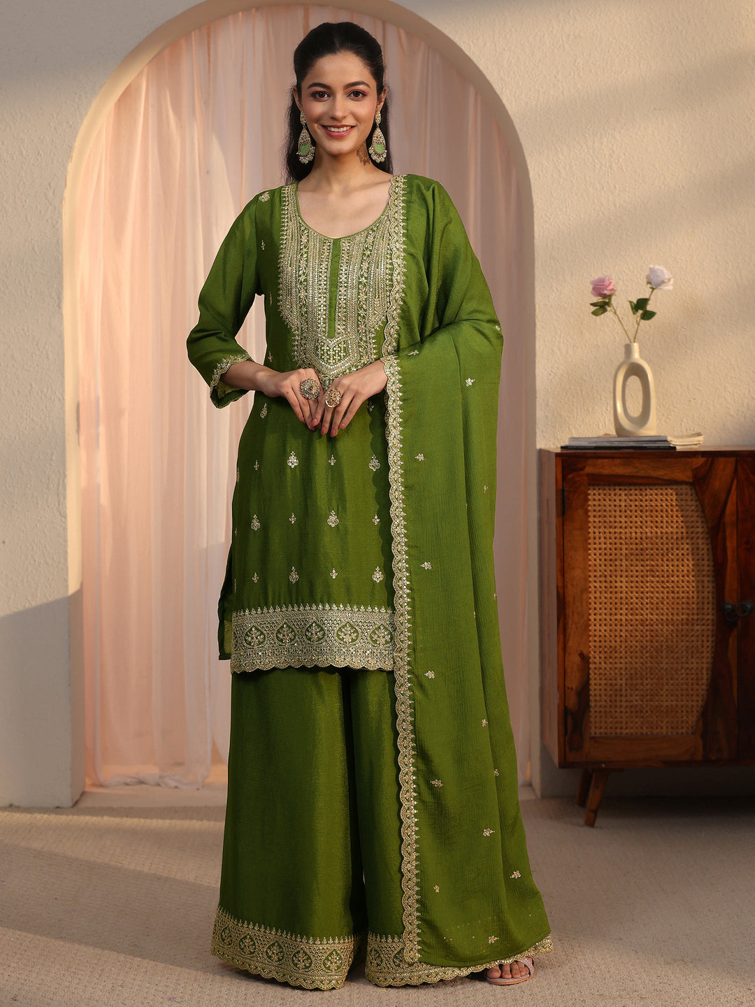  Libas Green Ethnic Embroidered Chinon Palazzo Suit Set 