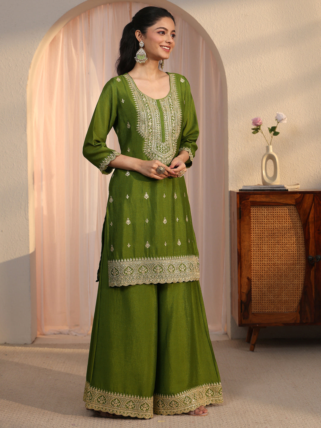  Libas Green Ethnic Embroidered Chinon Palazzo Suit Set 