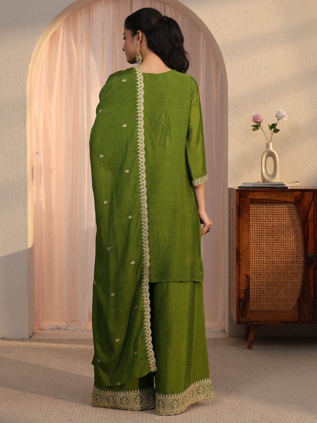  Libas Green Ethnic Embroidered Chinon Palazzo Suit Set 