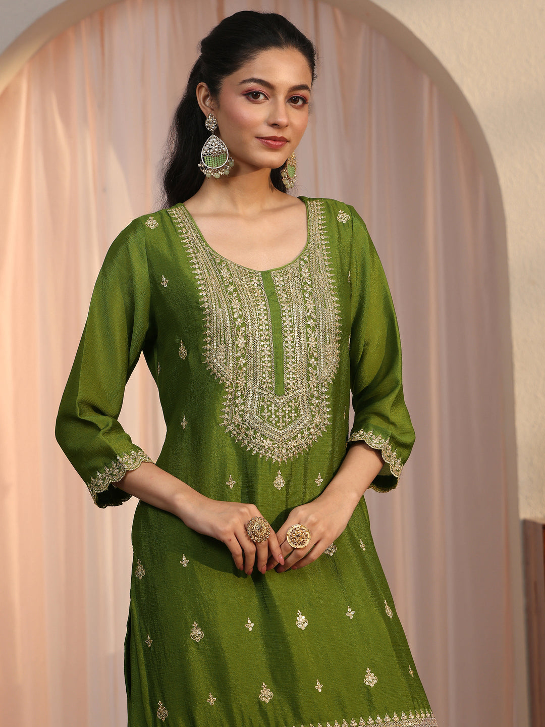  Libas Green Ethnic Embroidered Chinon Palazzo Suit Set 