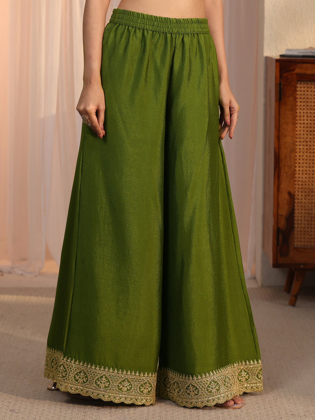 Libas Green Ethnic Embroidered Chinon Palazzo Suit Set 