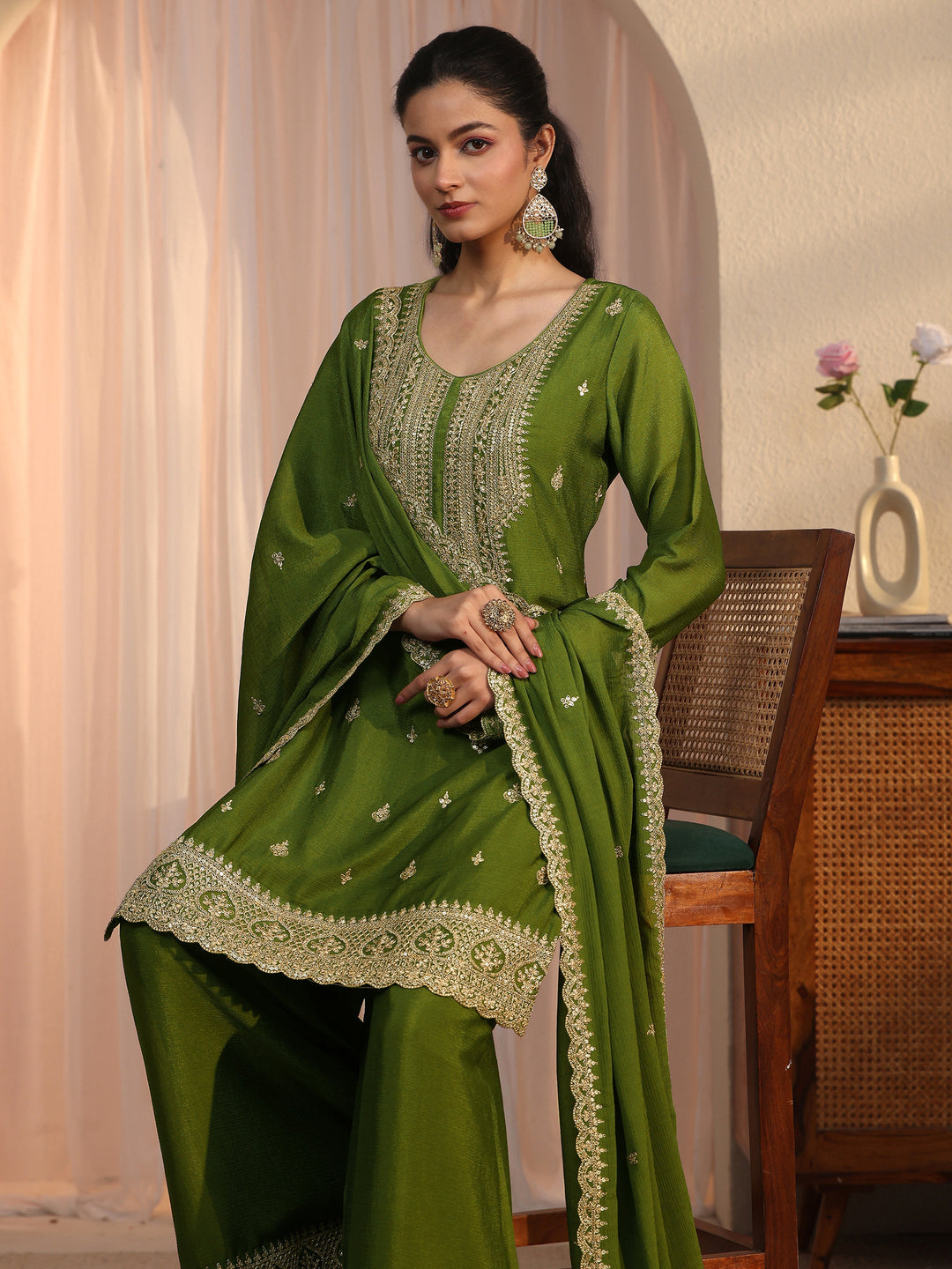  Libas Green Ethnic Embroidered Chinon Palazzo Suit Set 