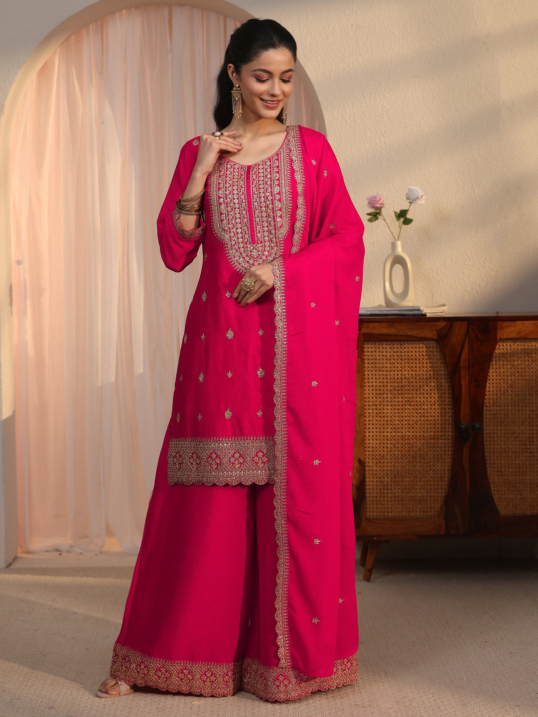  Libas Pink Ethnic Embroidered Chinon Palazzo Suit Set 