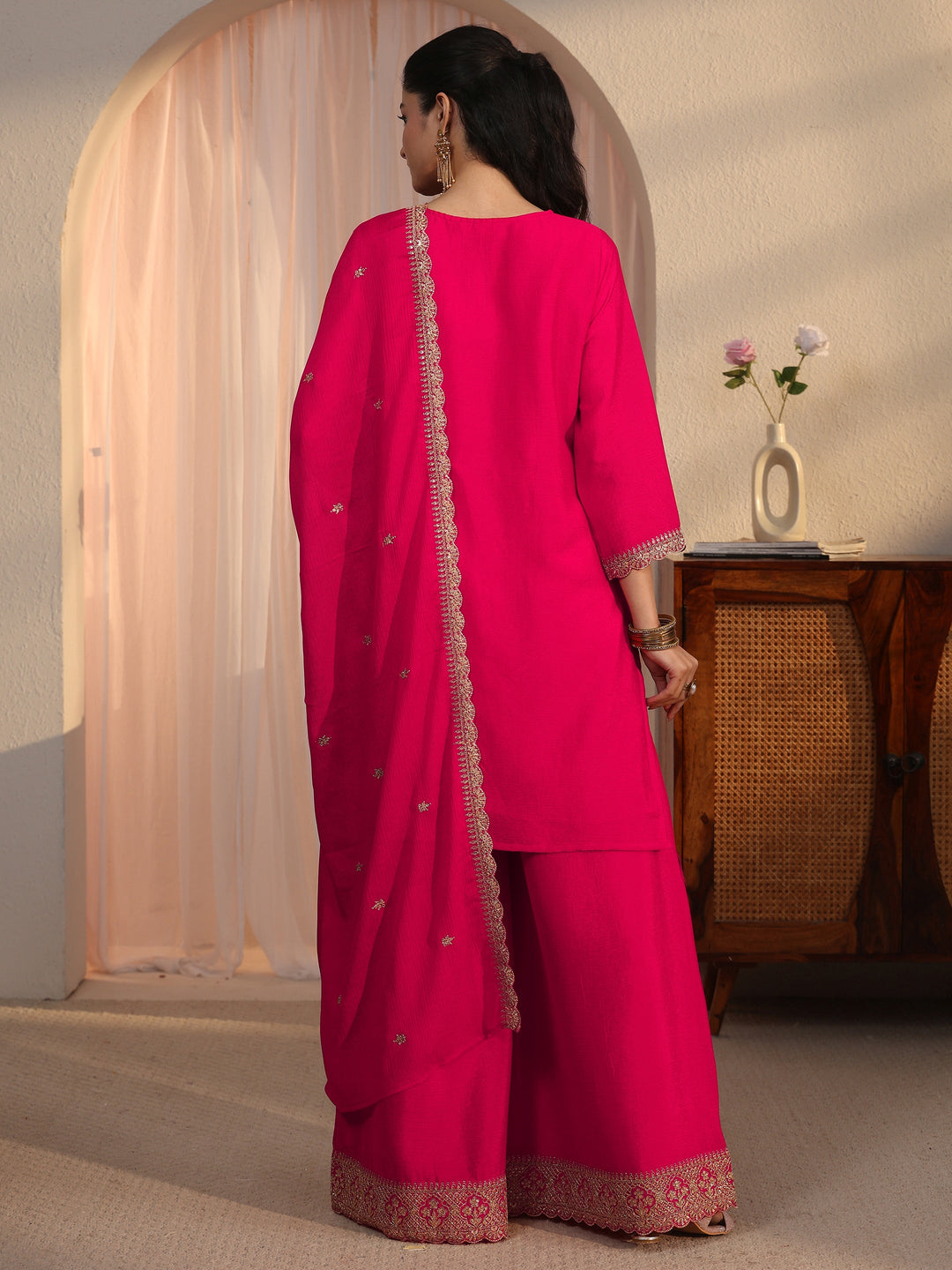  Libas Pink Ethnic Embroidered Chinon Palazzo Suit Set 