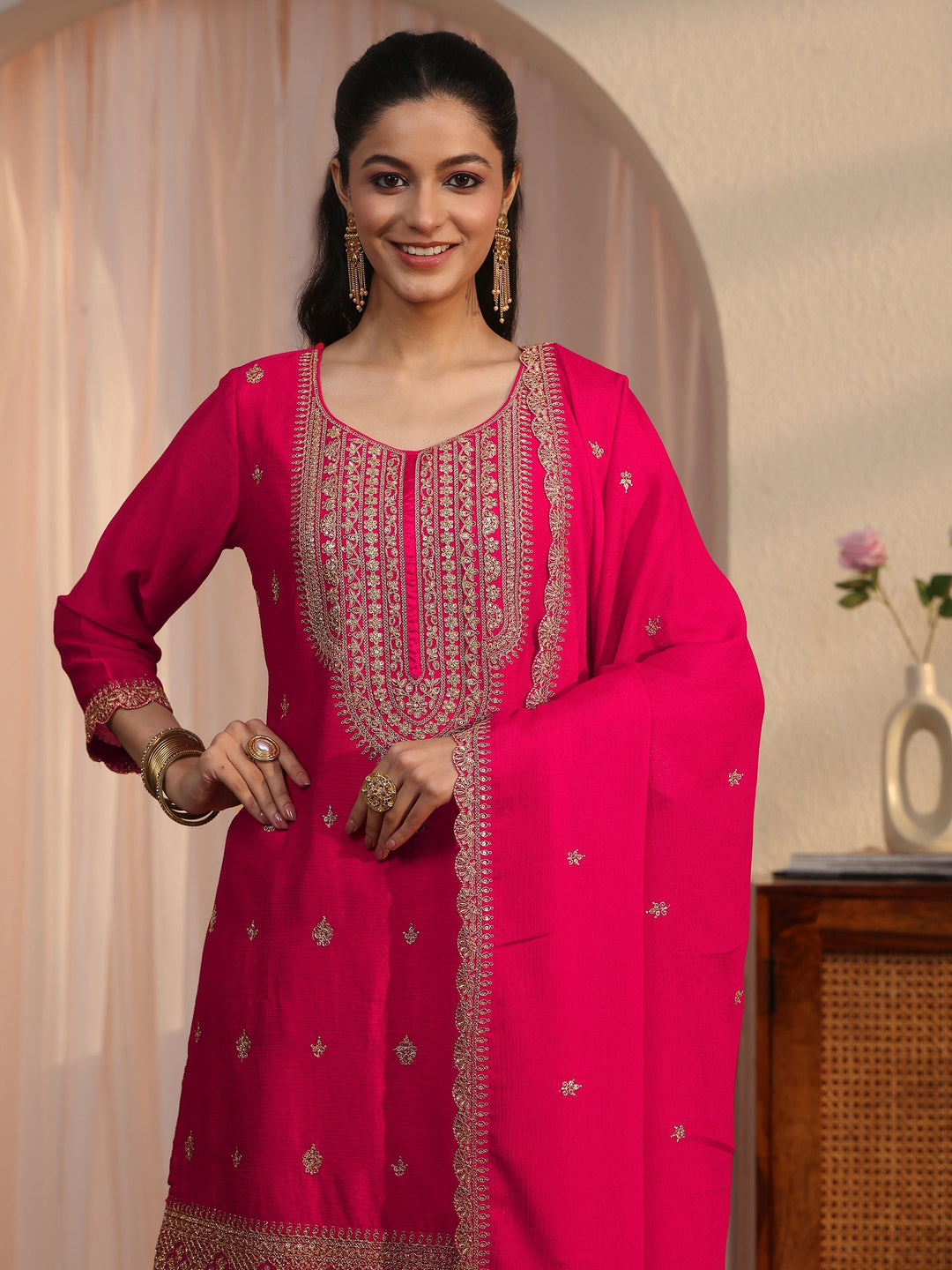  Libas Pink Ethnic Embroidered Chinon Palazzo Suit Set 
