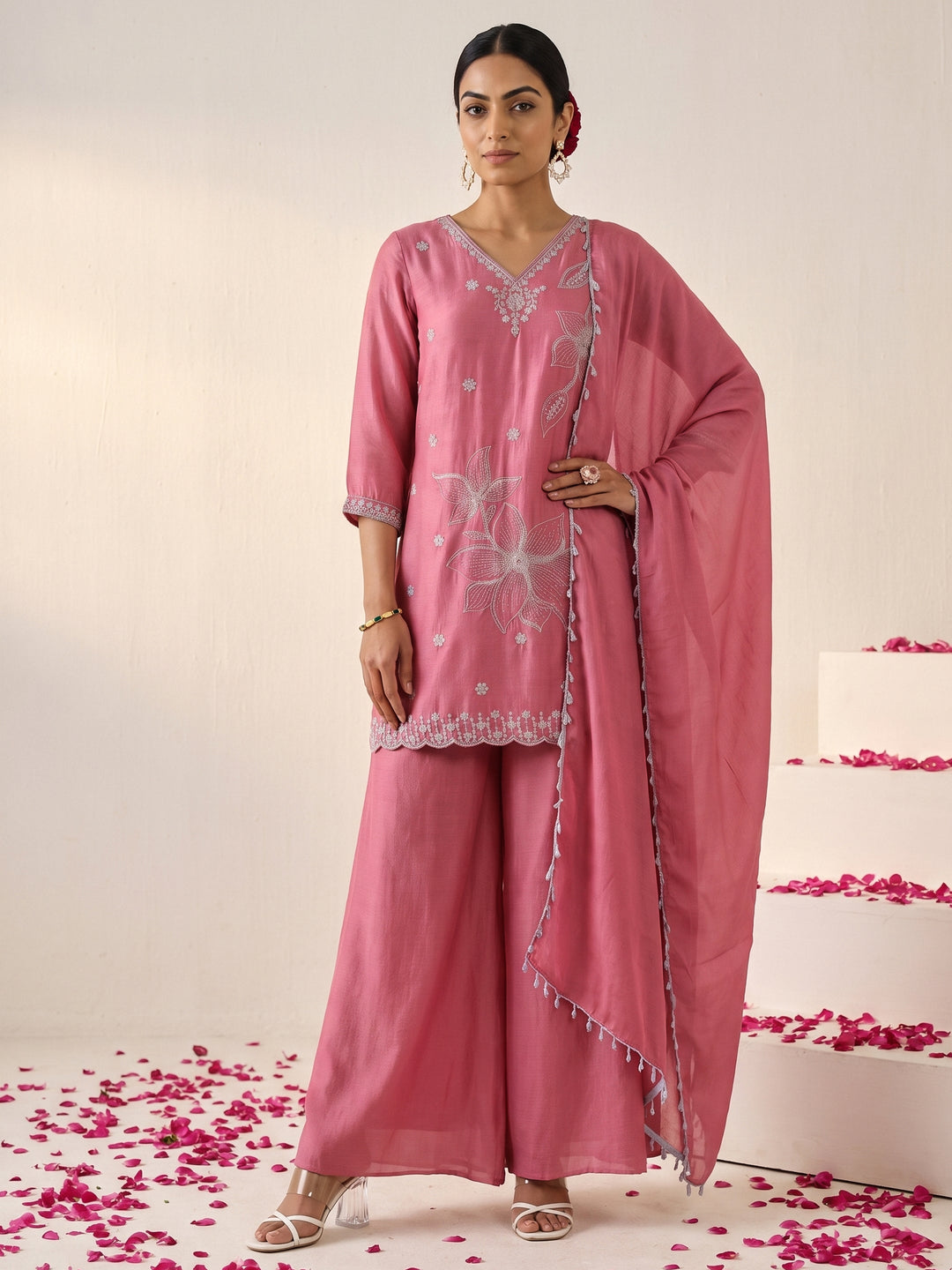  Libas Pink Floral Embellished Chinon Palazzo Suit Set 