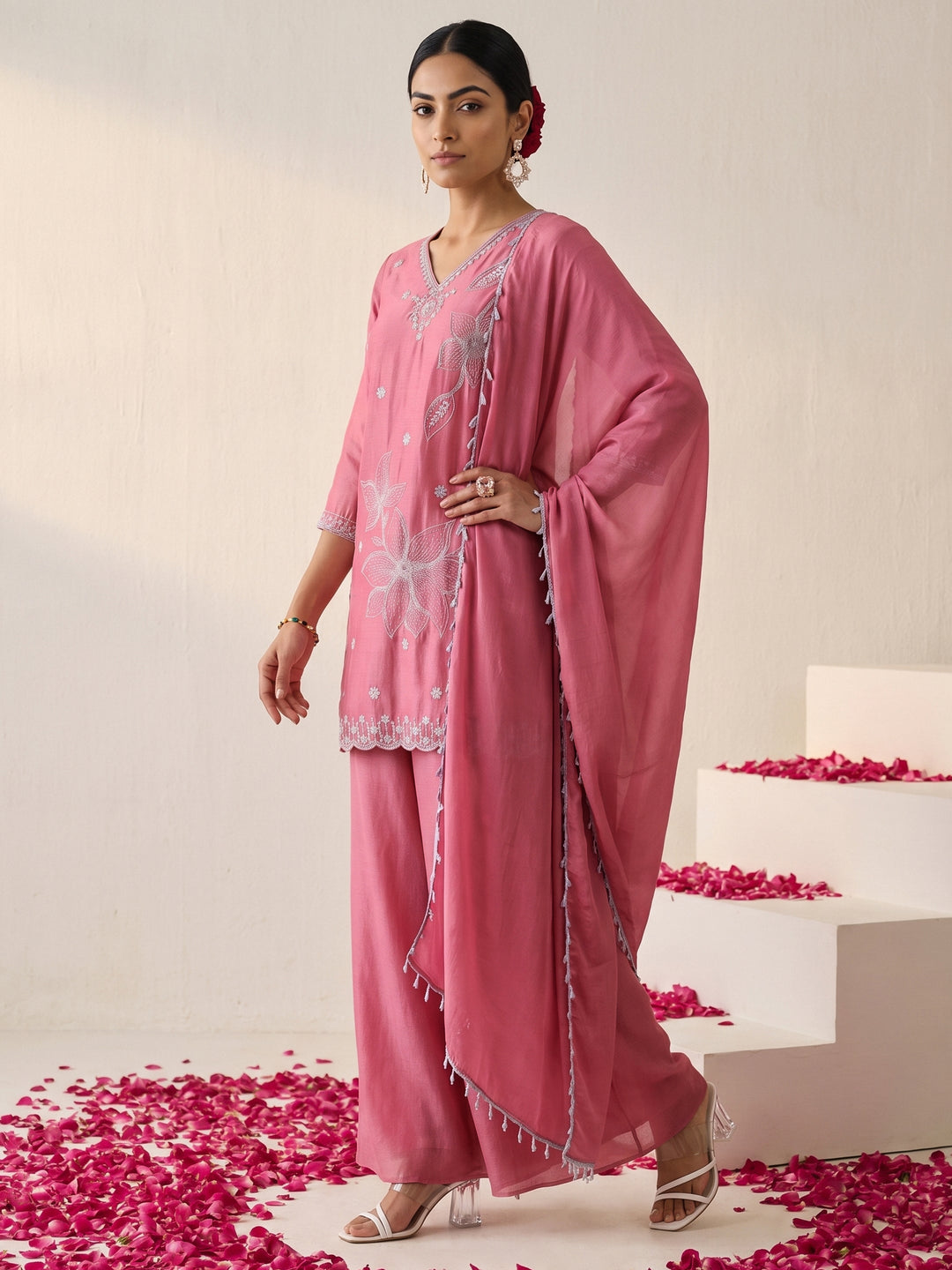  Libas Pink Floral Embellished Chinon Palazzo Suit Set 