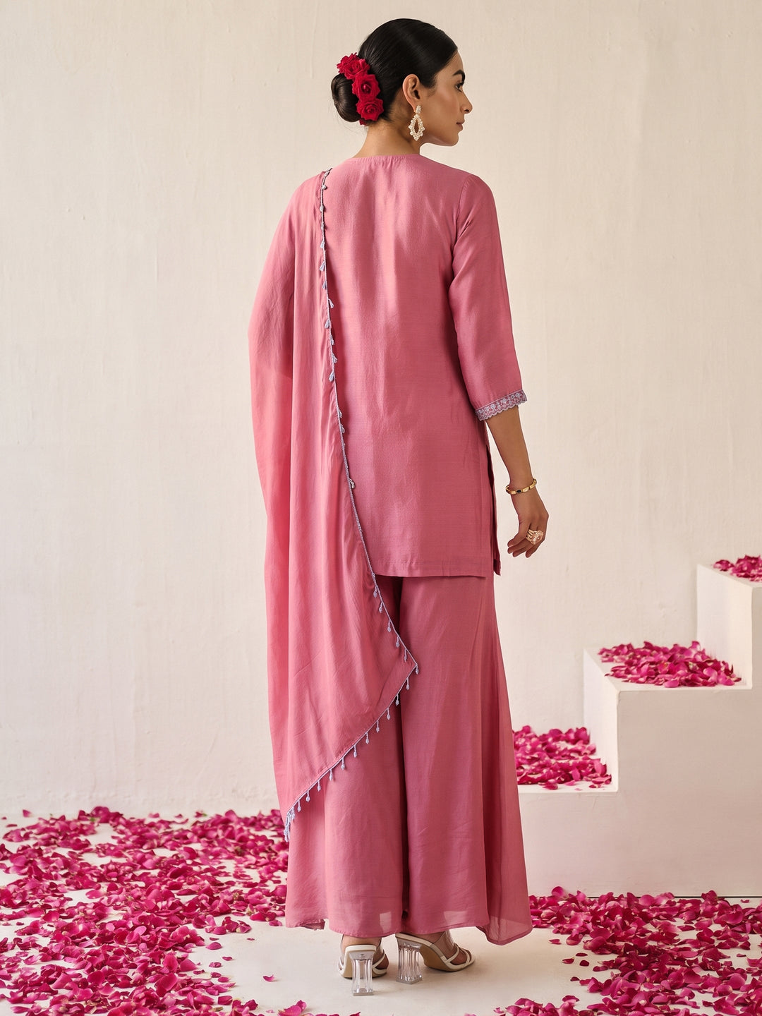  Libas Pink Floral Embellished Chinon Palazzo Suit Set 
