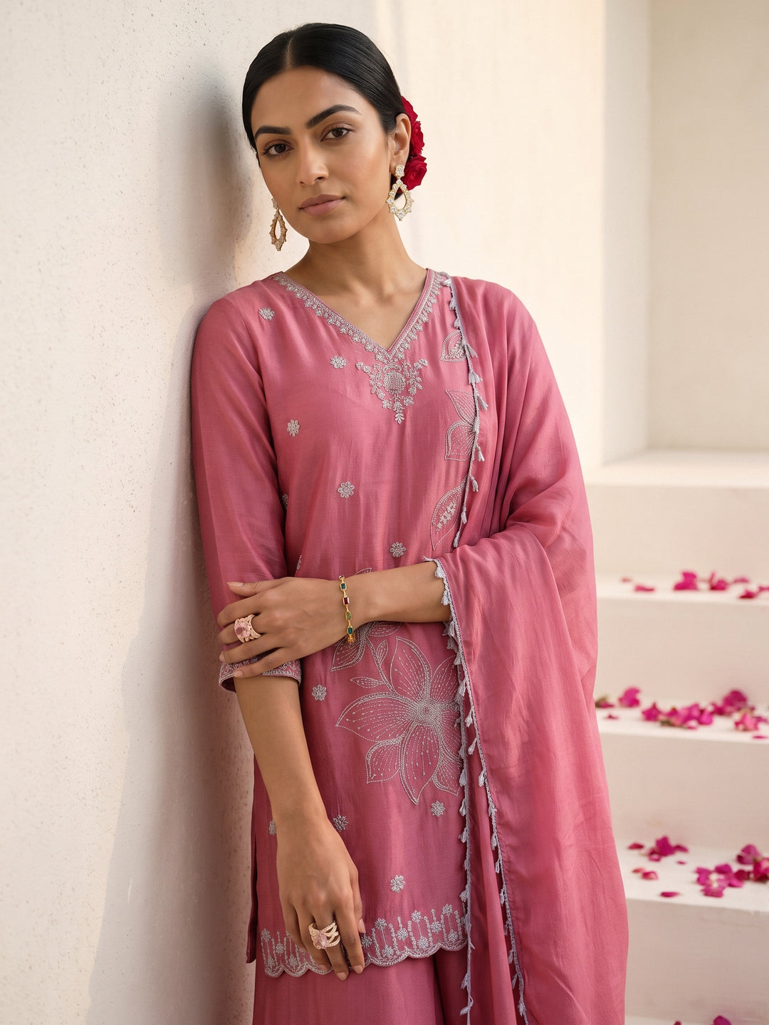  Libas Pink Floral Embellished Chinon Palazzo Suit Set 