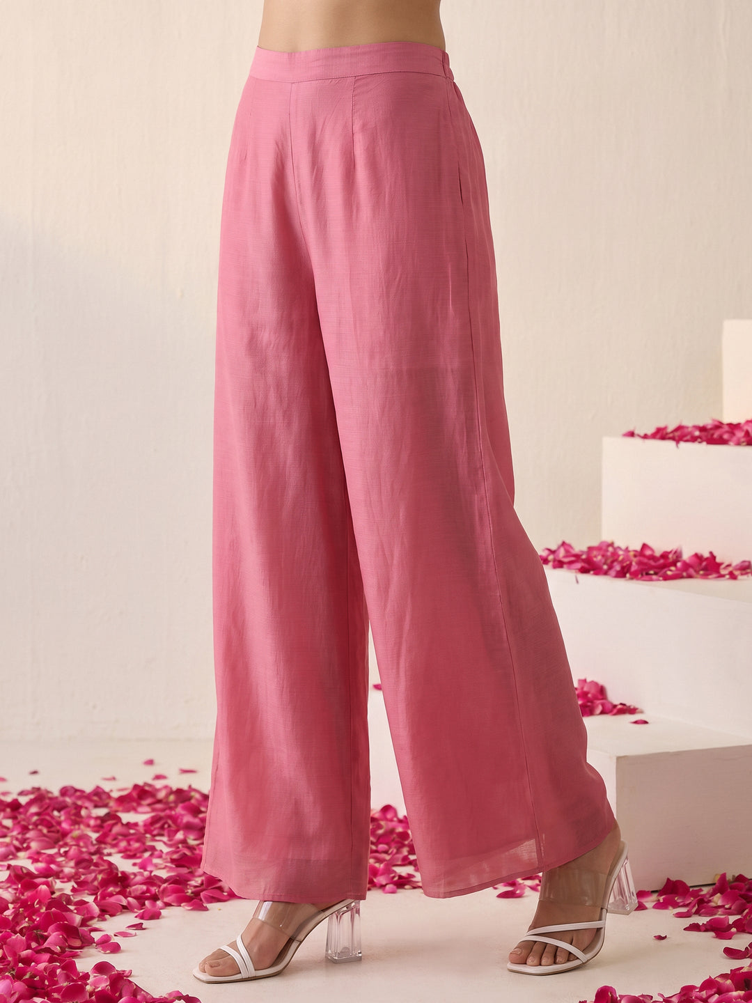  Libas Pink Floral Embellished Chinon Palazzo Suit Set 
