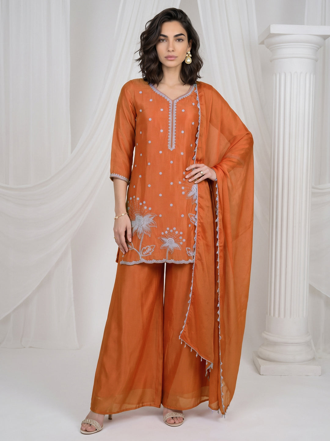  Libas Orange Floral Embellished Chinon Palazzo Suit Set 