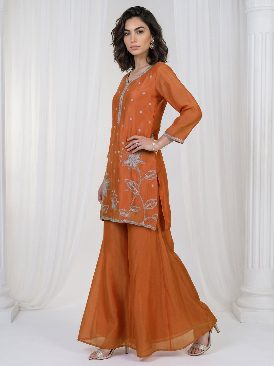  Libas Orange Floral Embellished Chinon Palazzo Suit Set 