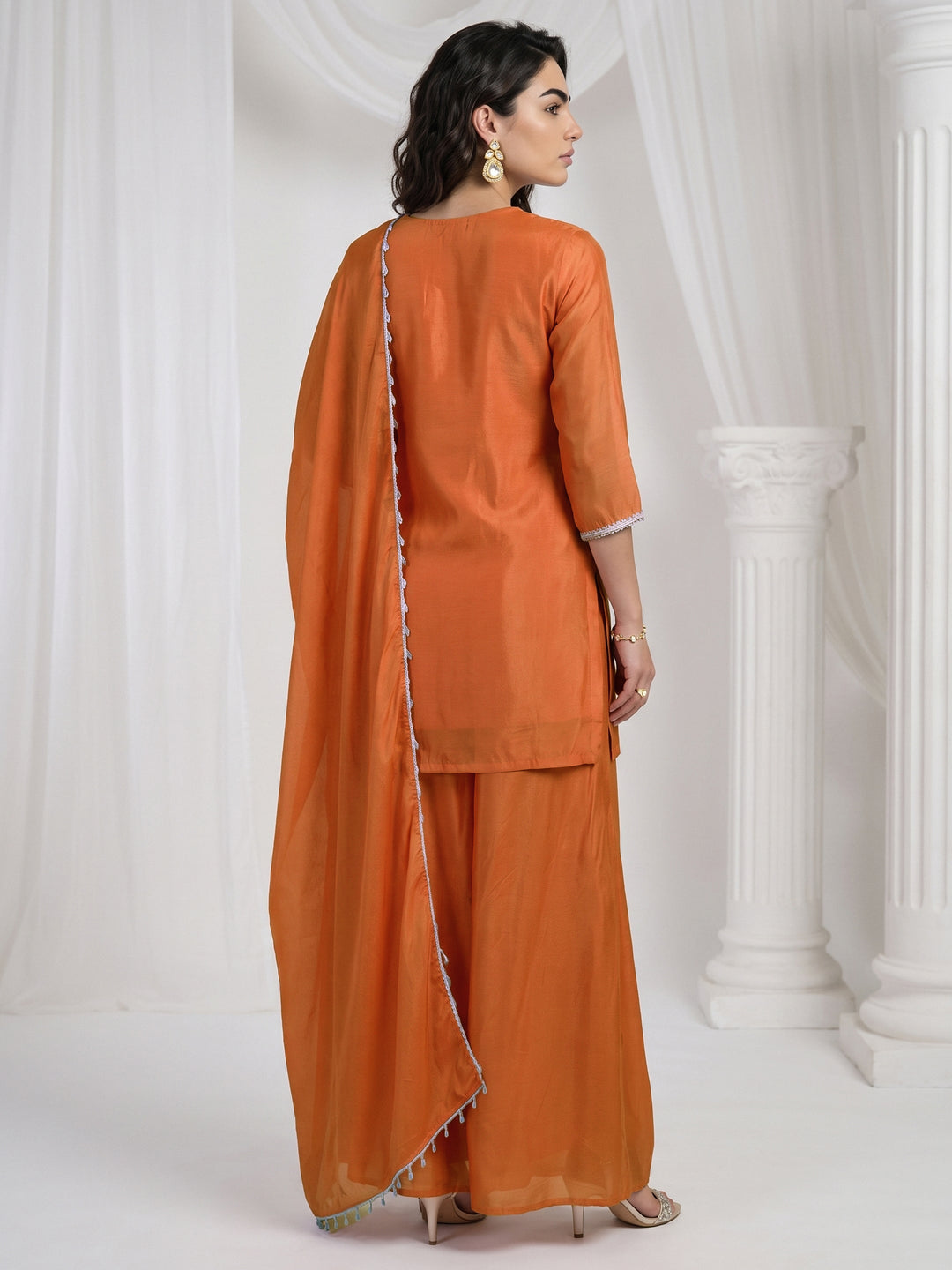  Libas Orange Floral Embellished Chinon Palazzo Suit Set 