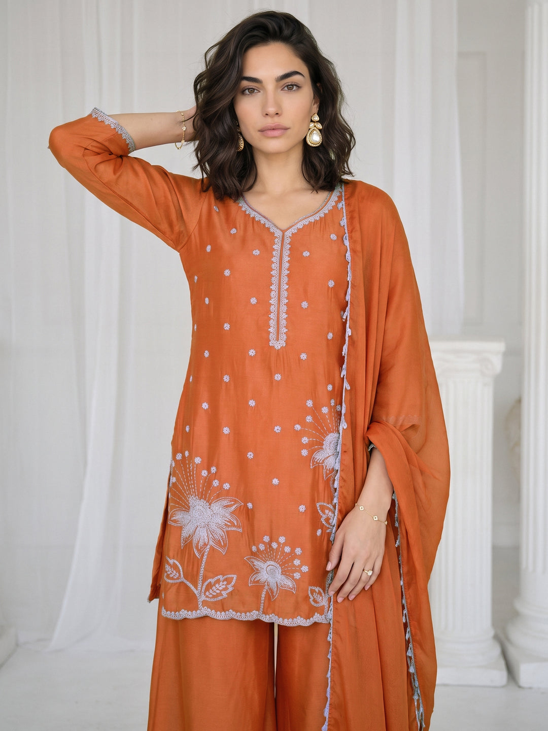  Libas Orange Floral Embellished Chinon Palazzo Suit Set 